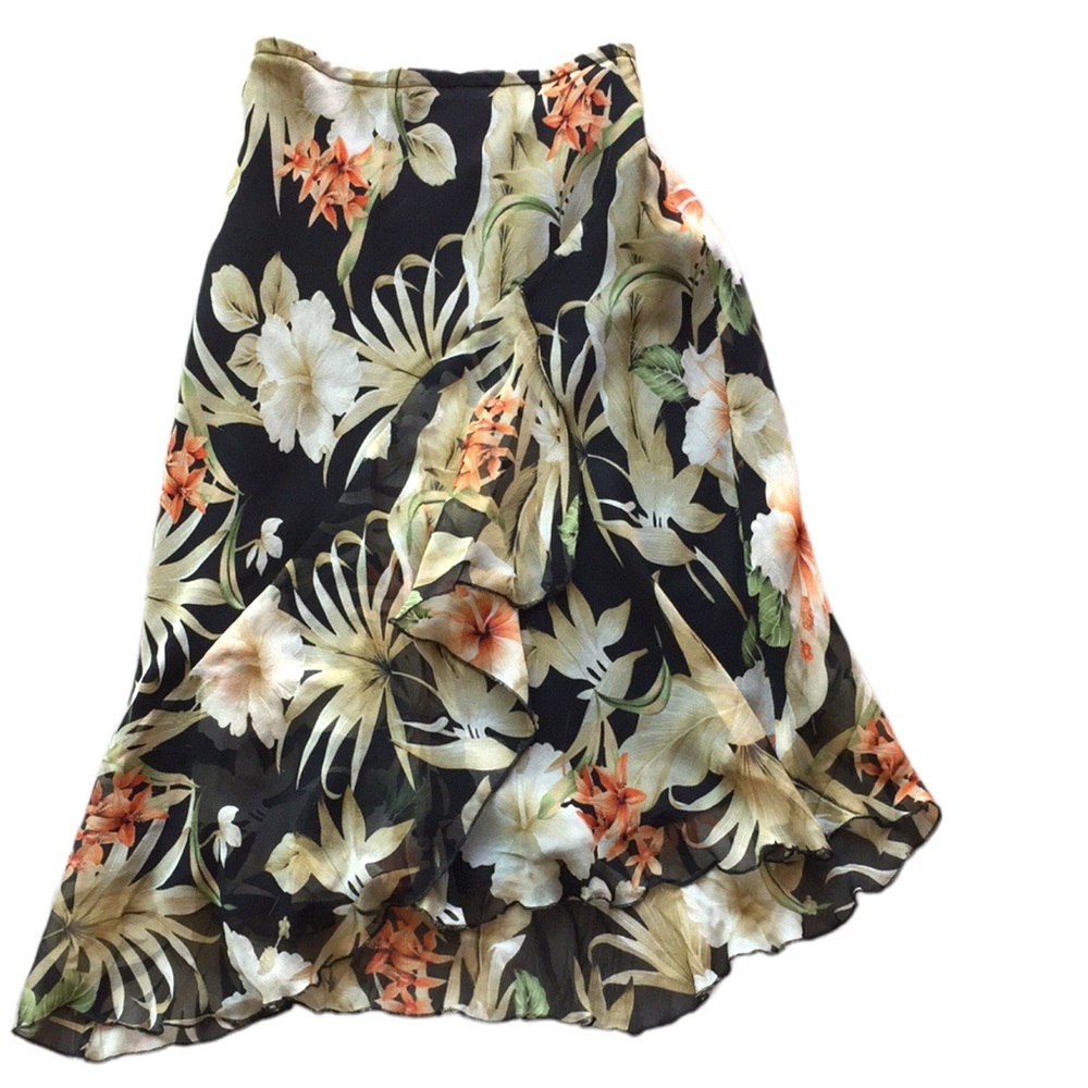 Vintage S.L.B. Silk Organza High/Low Floral Asymmetrical Skirt Olive Coral S/P - Picture 2 of 16